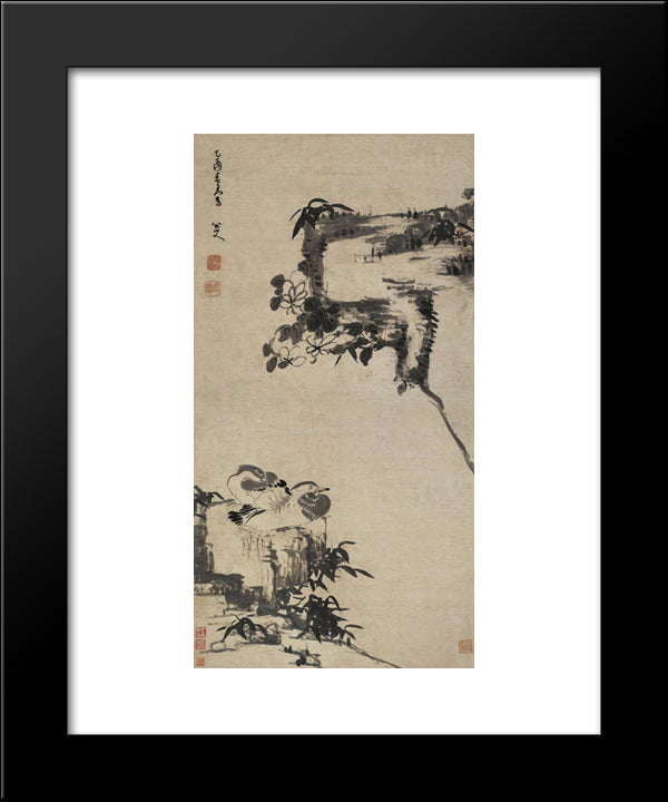 Bamboo, Rock, And Mandarin Ducks 20x24 Black Modern Wood Framed Art Print Poster by Shanren, Bada