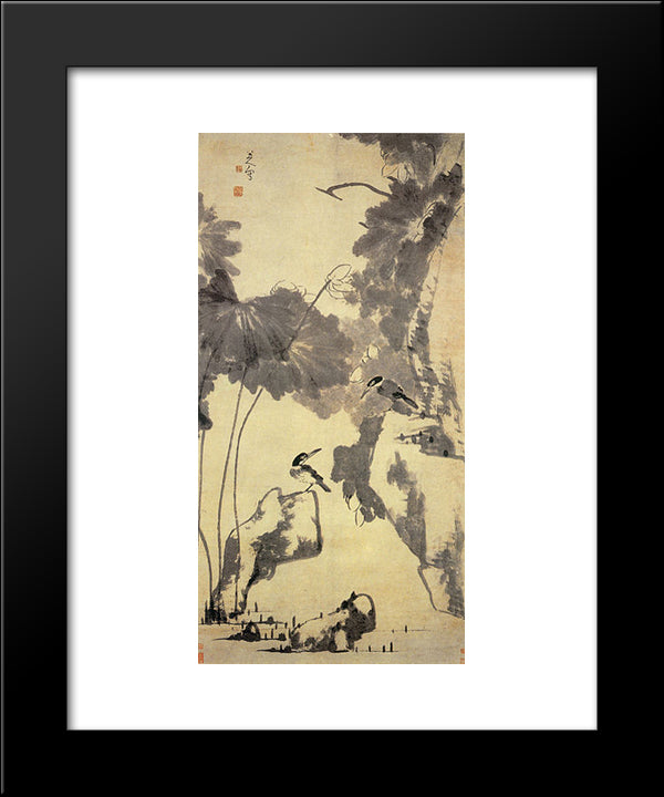 Lotus And Birds 20x24 Black Modern Wood Framed Art Print Poster by Shanren, Bada