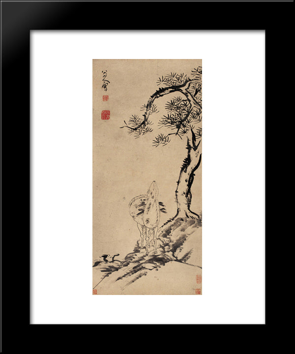Pine And Deer 20x24 Black Modern Wood Framed Art Print Poster by Shanren, Bada