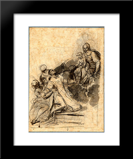 A Saint Kneeling And Supported By Angels, In Ecstasy Before The Virgin And Child On A Cloud 20x24 Black Modern Wood Framed Art Print Poster by Murillo, Bartolome Esteban