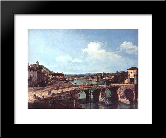 View Of An Old Bridge Over The River Po, Turin 20x24 Black Modern Wood Framed Art Print Poster by Bellotto, Bernardo