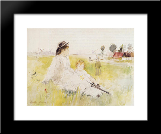 Girl And Child On The Grass 20x24 Black Modern Wood Framed Art Print Poster by Morisot, Berthe