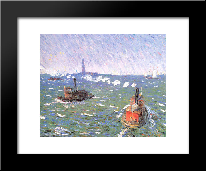 Breezy Day Tugboats New York Harbor 20x24 Black Modern Wood Framed Art Print Poster by Glackens, William James