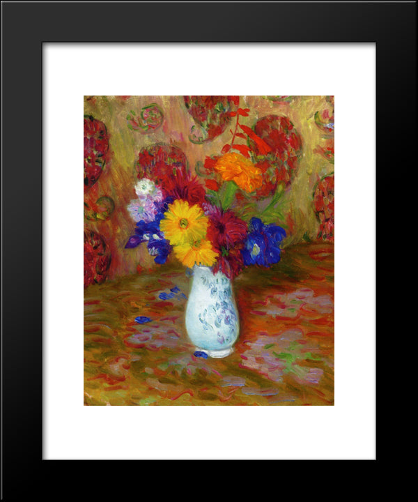 Flowers Against A Palm Leaf Pettern 20x24 Black Modern Wood Framed Art Print Poster by Glackens, William James