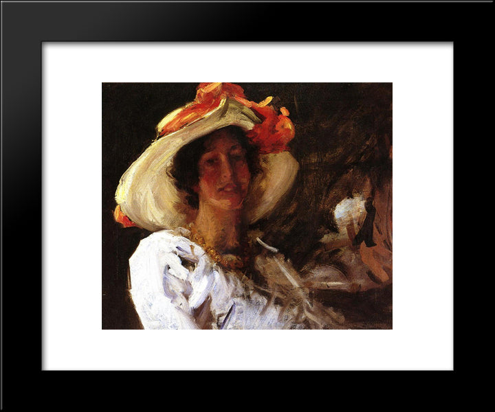 Portrait Of Clara Stephens Wearing A Hat With An Orange Ribbon 20x24 Black Modern Wood Framed Art Print Poster by Chase, William Merritt