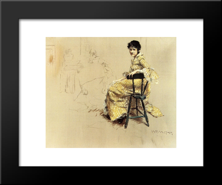 Seated Woman In Yello Striped Gown 20x24 Black Modern Wood Framed Art Print Poster by Chase, William Merritt