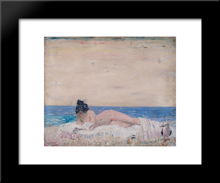 Nude Female Model (Reading On The Seashore) 1930 20x24 Black Modern Wood Framed Art Print Poster by Orpen, William
