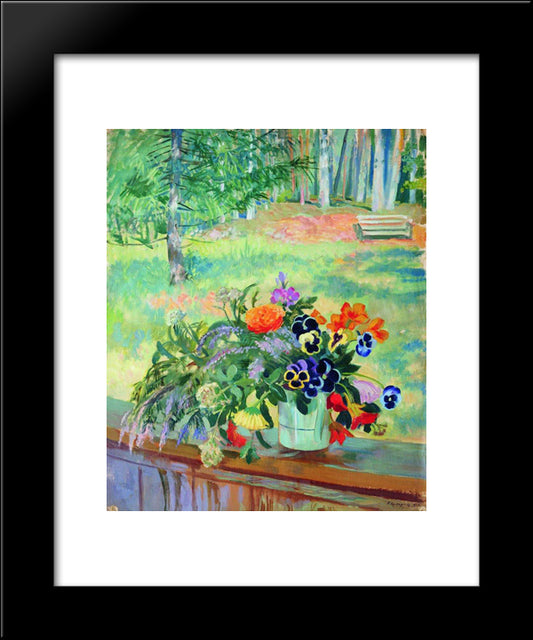 A Bouquet Of Flowers On The Balcony 20x24 Black Modern Wood Framed Art Print Poster by Kustodiev, Boris