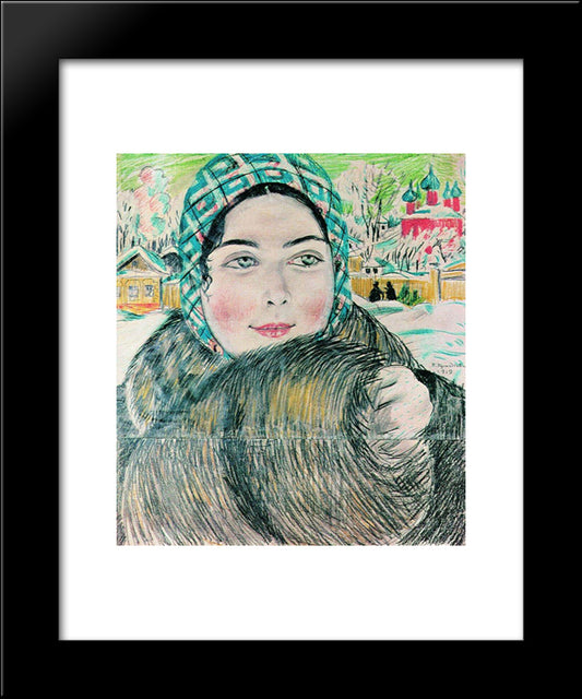 A Young Merchant'S Wife In The A Checkered Scarf 20x24 Black Modern Wood Framed Art Print Poster by Kustodiev, Boris