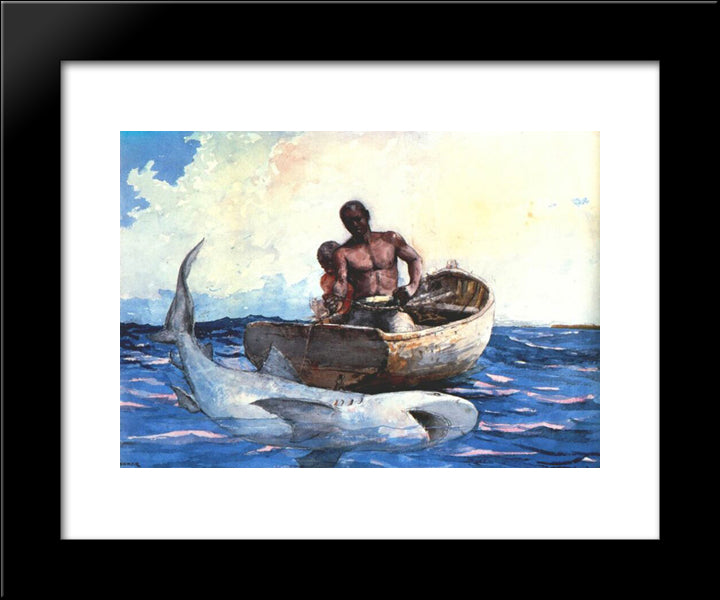 Shark Fishing 20x24 Black Modern Wood Framed Art Print Poster by Homer, Winslow