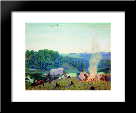 Fireplace (Night) 20x24 Black Modern Wood Framed Art Print Poster by Kustodiev, Boris