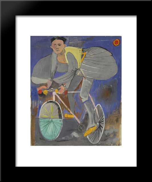 Cyclist Dressed Up (With  Greek Costume) And A Temple On The Right Corner 20x24 Black Modern Wood Framed Art Print Poster by Tsaroychis, Yiannis