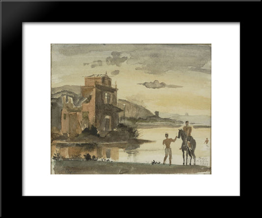 Horseman And Bather With House 20x24 Black Modern Wood Framed Art Print Poster by Tsaroychis, Yiannis