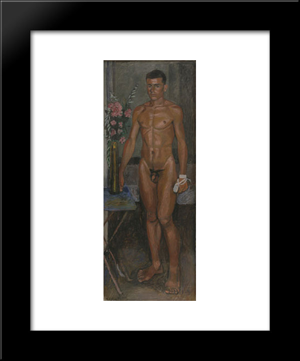 Nude Youth With Oleanders And A Bandage On His Hand 20x24 Black Modern Wood Framed Art Print Poster by Tsaroychis, Yiannis