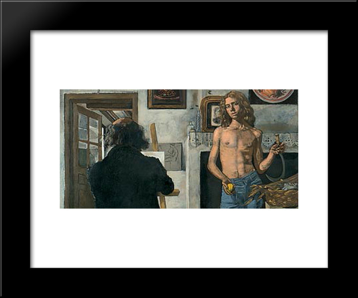 Self Portrait Of Painter With His Model 20x24 Black Modern Wood Framed Art Print Poster by Tsaroychis, Yiannis
