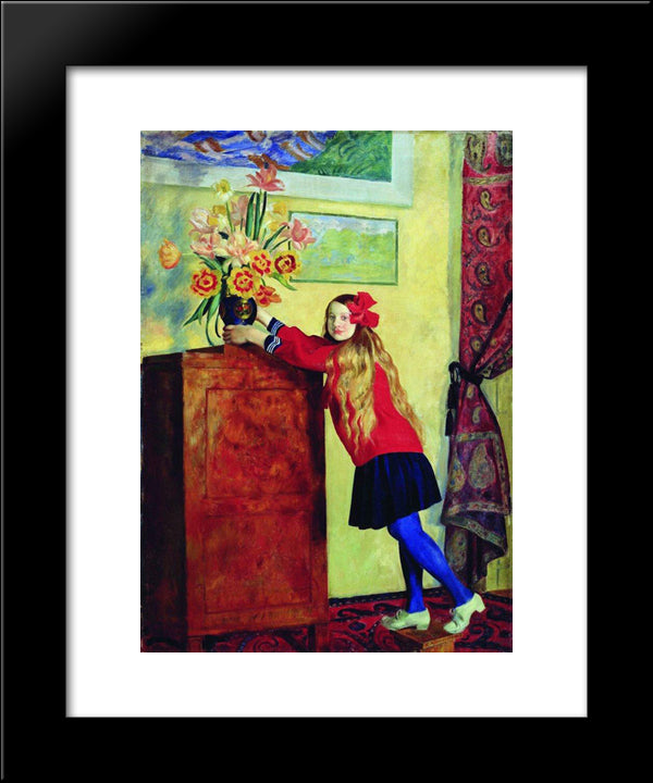Girl With Flowers 20x24 Black Modern Wood Framed Art Print Poster by Kustodiev, Boris