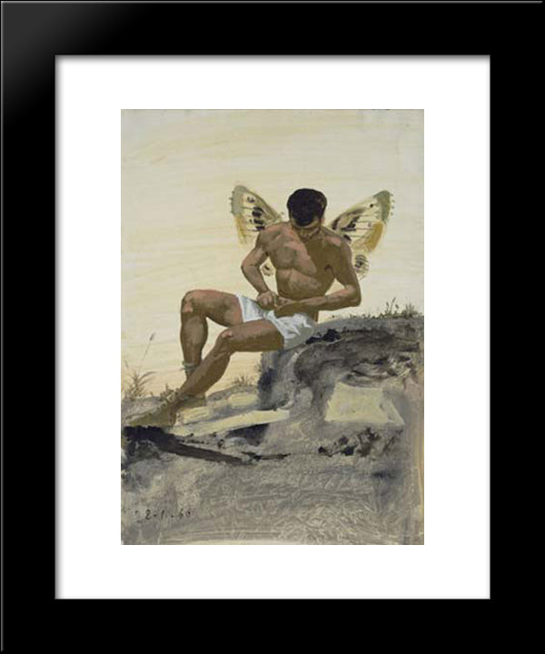 Winged Spirit Buttoning His Underpants 20x24 Black Modern Wood Framed Art Print Poster by Tsaroychis, Yiannis