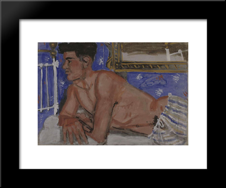 Young Man Standing Like Olympia'S Statue Wearing Pajamas 20x24 Black Modern Wood Framed Art Print Poster by Tsaroychis, Yiannis