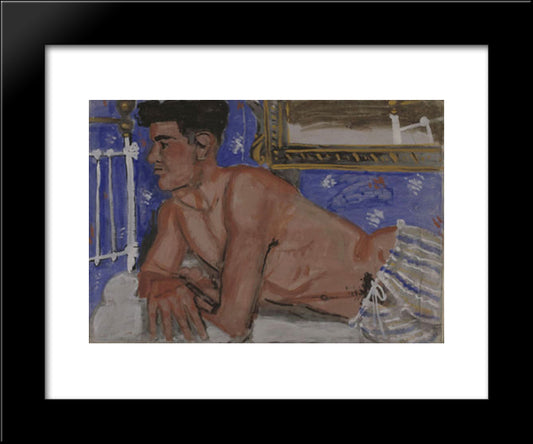Young Man Standing Like Olympia'S Statue Wearing Pajamas 20x24 Black Modern Wood Framed Art Print Poster by Tsaroychis, Yiannis