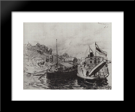 Kineshma. Steamer At The Pier 20x24 Black Modern Wood Framed Art Print Poster by Kustodiev, Boris