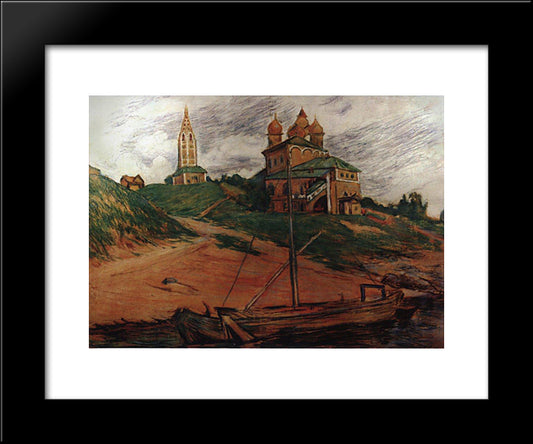 On The Volga. Landscape With Church Of The Kazan 20x24 Black Modern Wood Framed Art Print Poster by Kustodiev, Boris