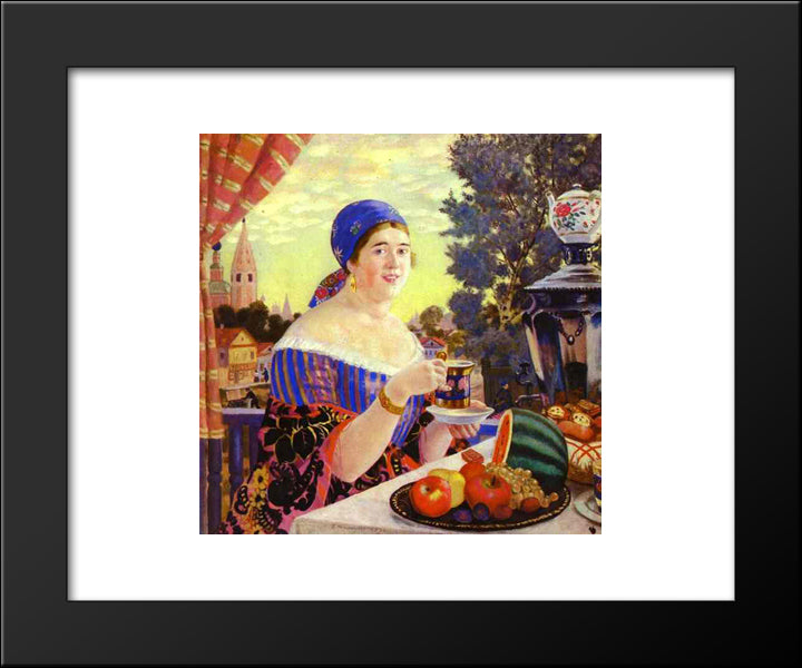 The Merchant'S Wife At Tea 20x24 Black Modern Wood Framed Art Print Poster by Kustodiev, Boris