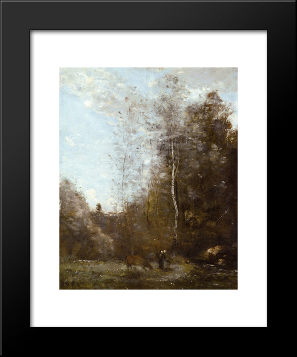 A Cow Grazing Beneath A Birch Tree 20x24 Black Modern Wood Framed Art Print Poster by Corot, Jean Baptiste Camille