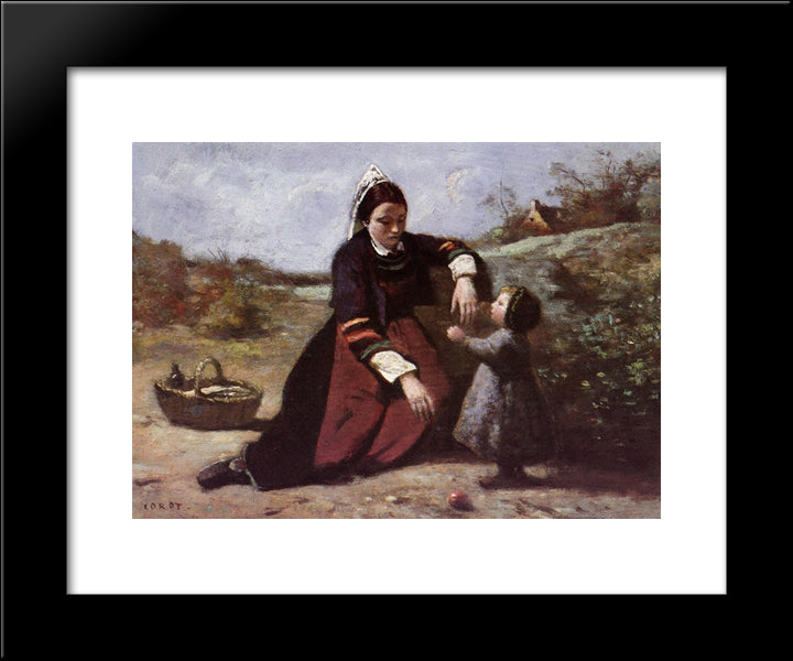 Breton Woman And Her Little Girl 20x24 Black Modern Wood Framed Art Print Poster by Corot, Jean Baptiste Camille