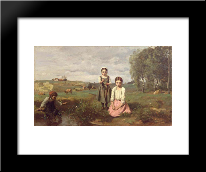 Children Beside A Brook In The Countryside, Lormes 20x24 Black Modern Wood Framed Art Print Poster by Corot, Jean Baptiste Camille
