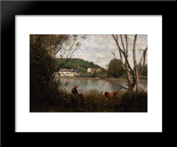 Cowherd And Her Child 20x24 Black Modern Wood Framed Art Print Poster by Corot, Jean Baptiste Camille