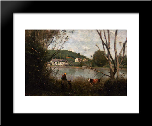 Cowherd And Her Child 20x24 Black Modern Wood Framed Art Print Poster by Corot, Jean Baptiste Camille