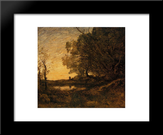 Evening Distant Tower 20x24 Black Modern Wood Framed Art Print Poster by Corot, Jean Baptiste Camille