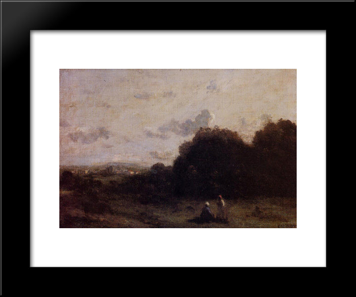 Fields With A Village On The Horizon, Two Figures In The Foreground 20x24 Black Modern Wood Framed Art Print Poster by Corot, Jean Baptiste Camille