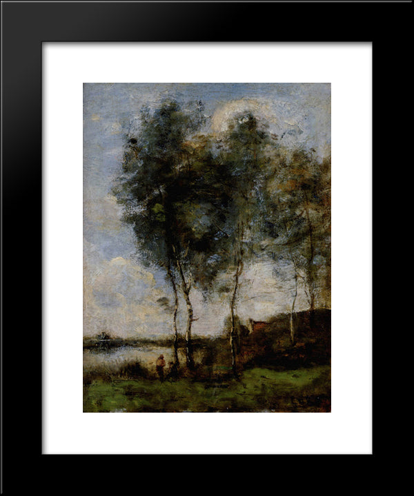 Fisherman At The River Bank 20x24 Black Modern Wood Framed Art Print Poster by Corot, Jean Baptiste Camille