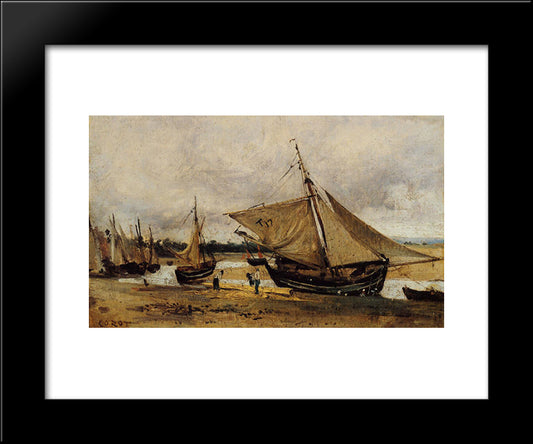 Fishing Boars Beached In The Chanel 20x24 Black Modern Wood Framed Art Print Poster by Corot, Jean Baptiste Camille