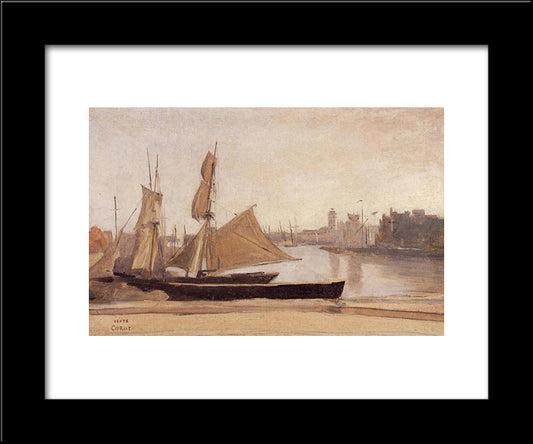 Fishing Boats Tied To The Wharf 20x24 Black Modern Wood Framed Art Print Poster by Corot, Jean Baptiste Camille