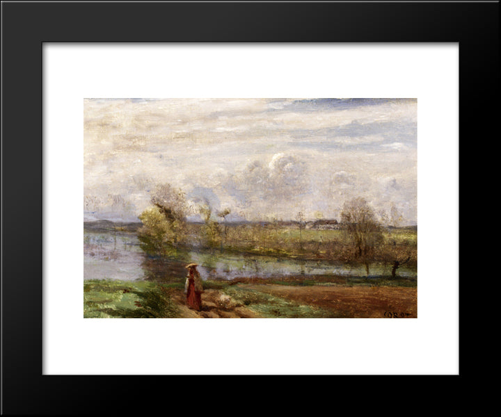Girl Reading By The Water 20x24 Black Modern Wood Framed Art Print Poster by Corot, Jean Baptiste Camille
