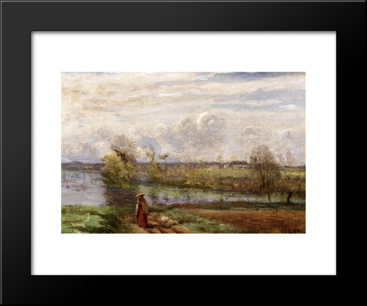Girl Reading By The Water 20x24 Black Modern Wood Framed Art Print Poster by Corot, Jean Baptiste Camille