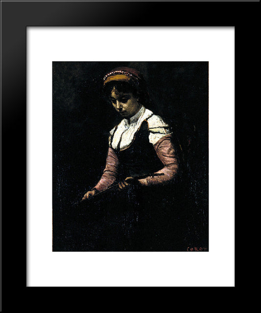 Girl With Mandolin 20x24 Black Modern Wood Framed Art Print Poster by Corot, Jean Baptiste Camille