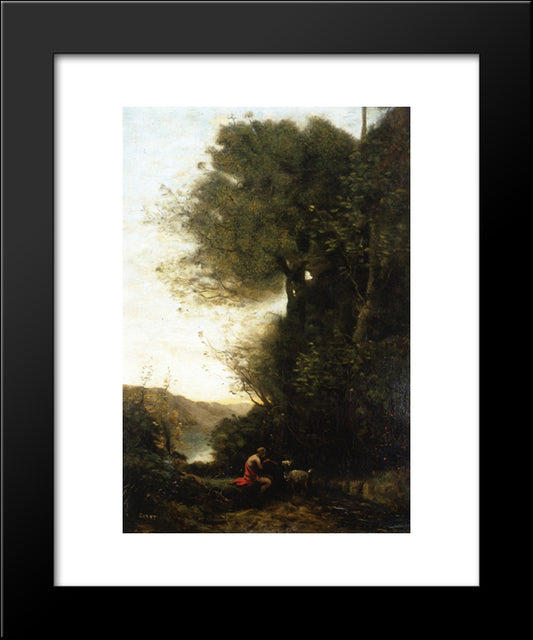 Goatherd Charming His Goat With A Flute 20x24 Black Modern Wood Framed Art Print Poster by Corot, Jean Baptiste Camille