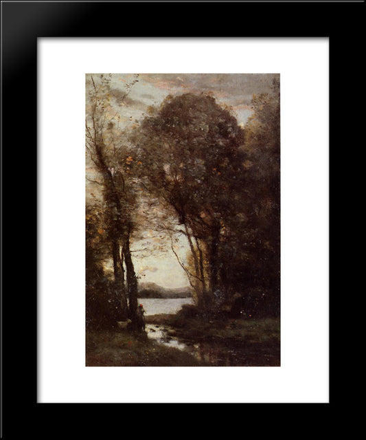 Goatherd Standing, Playing The Flute Under The Trees 20x24 Black Modern Wood Framed Art Print Poster by Corot, Jean Baptiste Camille