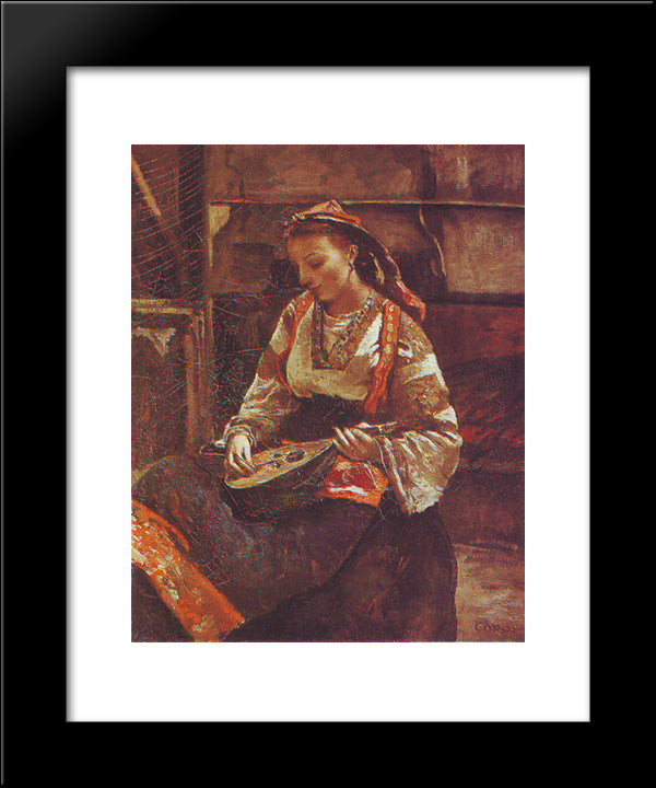 Italian Woman Sitting And Playing The Mandolin 20x24 Black Modern Wood Framed Art Print Poster by Corot, Jean Baptiste Camille