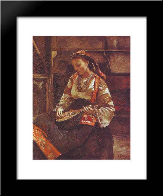 Italian Woman Sitting And Playing The Mandolin 20x24 Black Modern Wood Framed Art Print Poster by Corot, Jean Baptiste Camille
