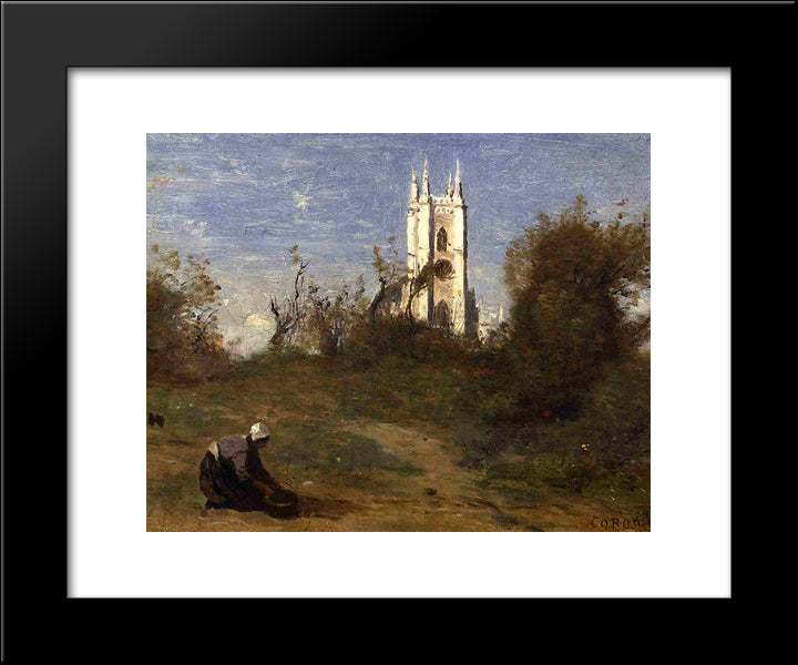 Landscape With A White Tower, Souvenir Of Crecy 20x24 Black Modern Wood Framed Art Print Poster by Corot, Jean Baptiste Camille