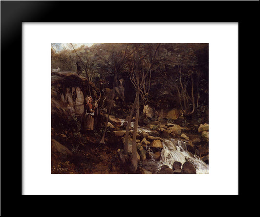 Lormes, A Waterfall With A Standing Peasant, Spinning Wool 20x24 Black Modern Wood Framed Art Print Poster by Corot, Jean Baptiste Camille