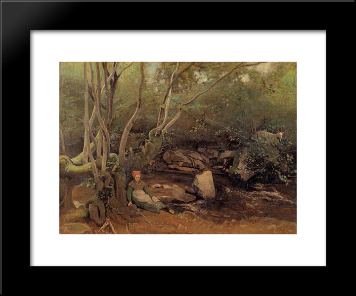 Lormes Shepherdess Sitting Under Trees Beside A Stream 20x24 Black Modern Wood Framed Art Print Poster by Corot, Jean Baptiste Camille