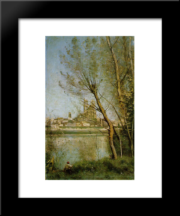 Mantes, View Of The Cathedral And Town Through The Trees 20x24 Black Modern Wood Framed Art Print Poster by Corot, Jean Baptiste Camille