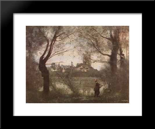 Mantes Cathedral 20x24 Black Modern Wood Framed Art Print Poster by Corot, Jean Baptiste Camille