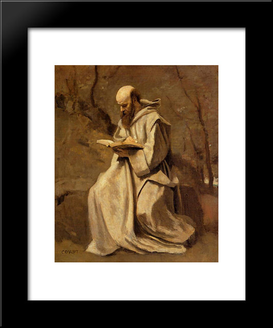 Monk In White, Seated, Reading 20x24 Black Modern Wood Framed Art Print Poster by Corot, Jean Baptiste Camille