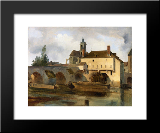 Moret Sur Loing, The Bridge And The Church 20x24 Black Modern Wood Framed Art Print Poster by Corot, Jean Baptiste Camille